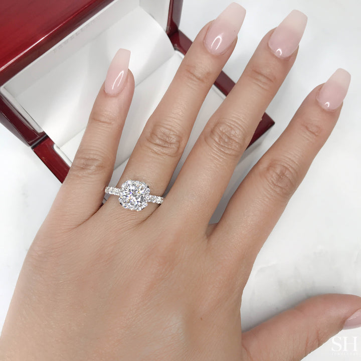 Modern Cushion Shape Halo with Pavé Set Diamond Band - W0041 (Lab Grown)