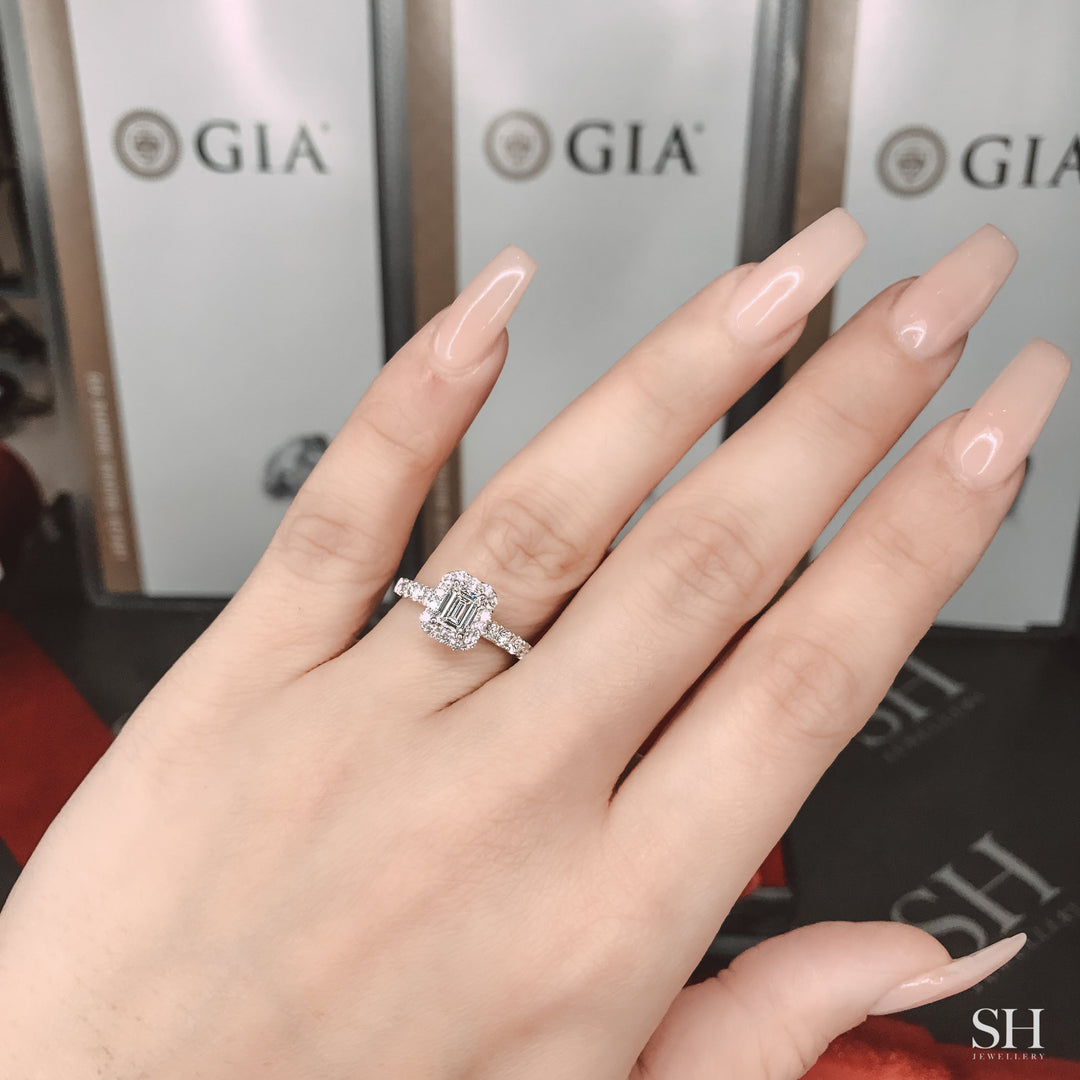 Emerald Cut Halo with Pavé-Set Diamond Band - W0043 (Lab Grown)
