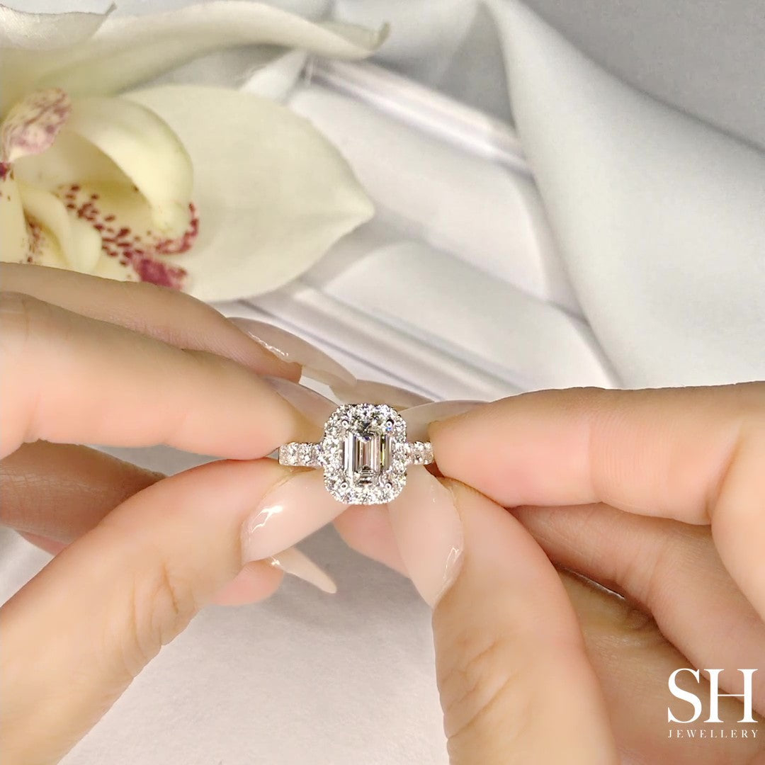 Emerald Cut Halo with Pavé-Set Diamond Band - W0043 (Lab Grown)
