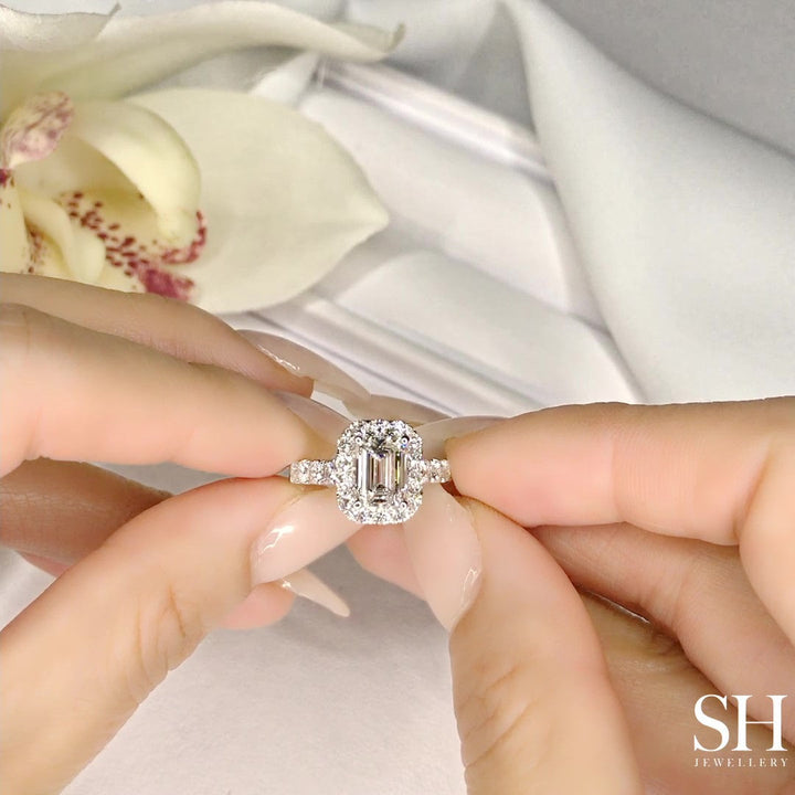 Emerald Cut Halo with Pavé-Set Diamond Band - W0043 (Lab Grown)