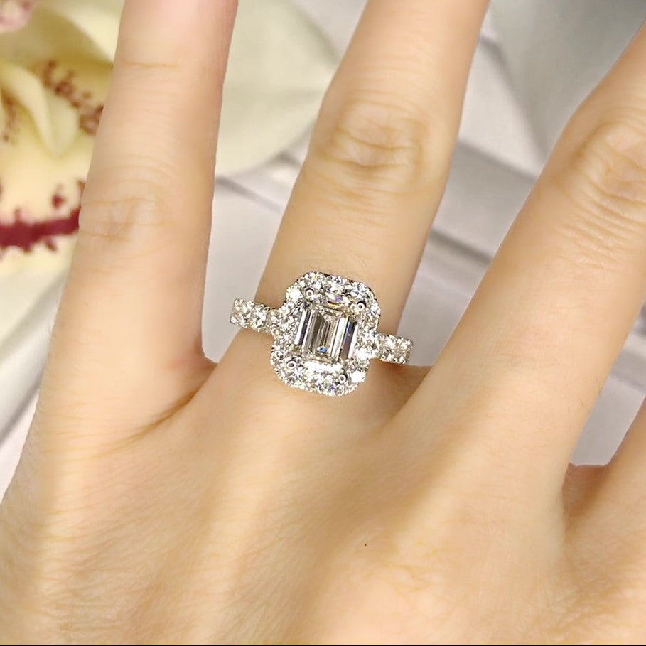Emerald Cut Halo with Pavé-Set Diamond Band - W0043 (Lab Grown)