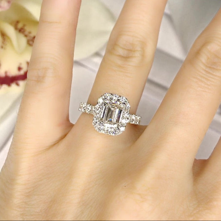 Emerald Cut Halo with Pavé-Set Diamond Band - W0043 (Lab Grown)