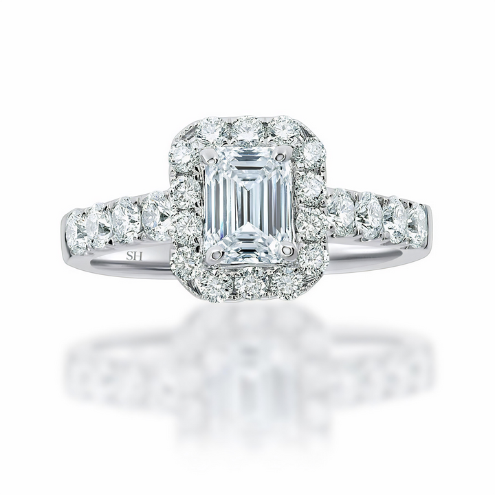Emerald Cut Halo with Pavé-Set Diamond Band - W0043 (Lab Grown)