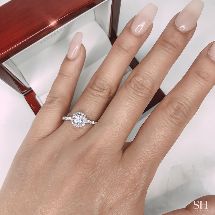 Halo Style Engagement Ring with Pavé-Set Band - W0045 (Lab Grown)