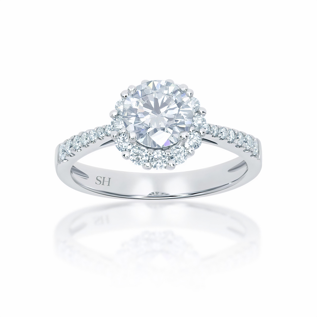 Floral halo style engagement ring with tapered band - W0046 (Lab Grown)