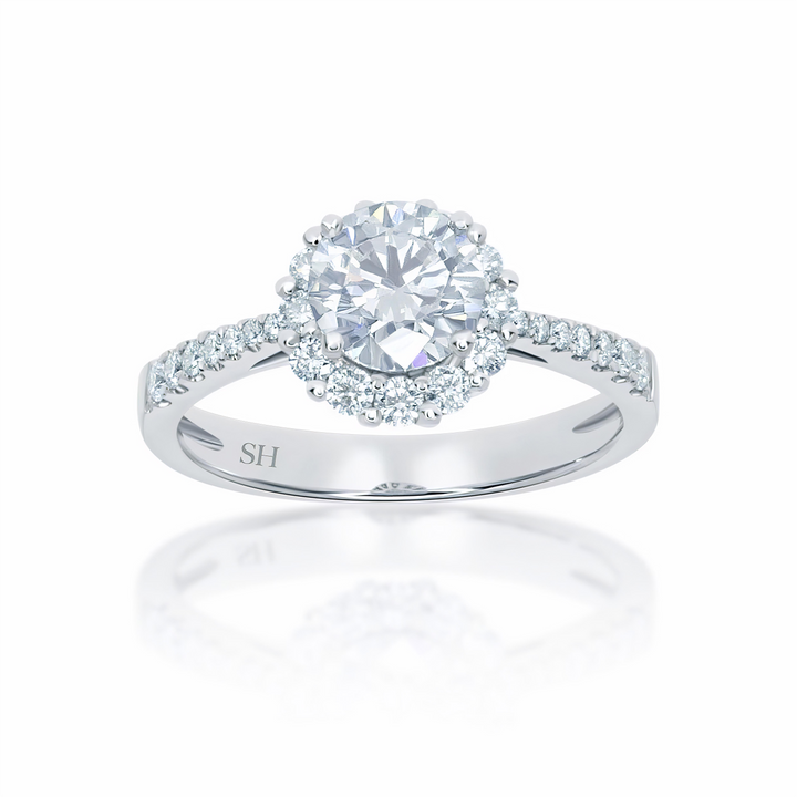 Floral halo style engagement ring with tapered band - W0046 (Lab Grown)