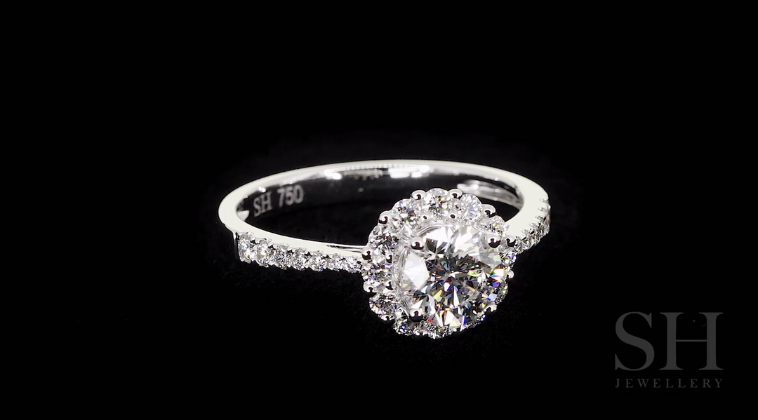Floral halo style engagement ring with tapered band - W0046 (Lab Grown)