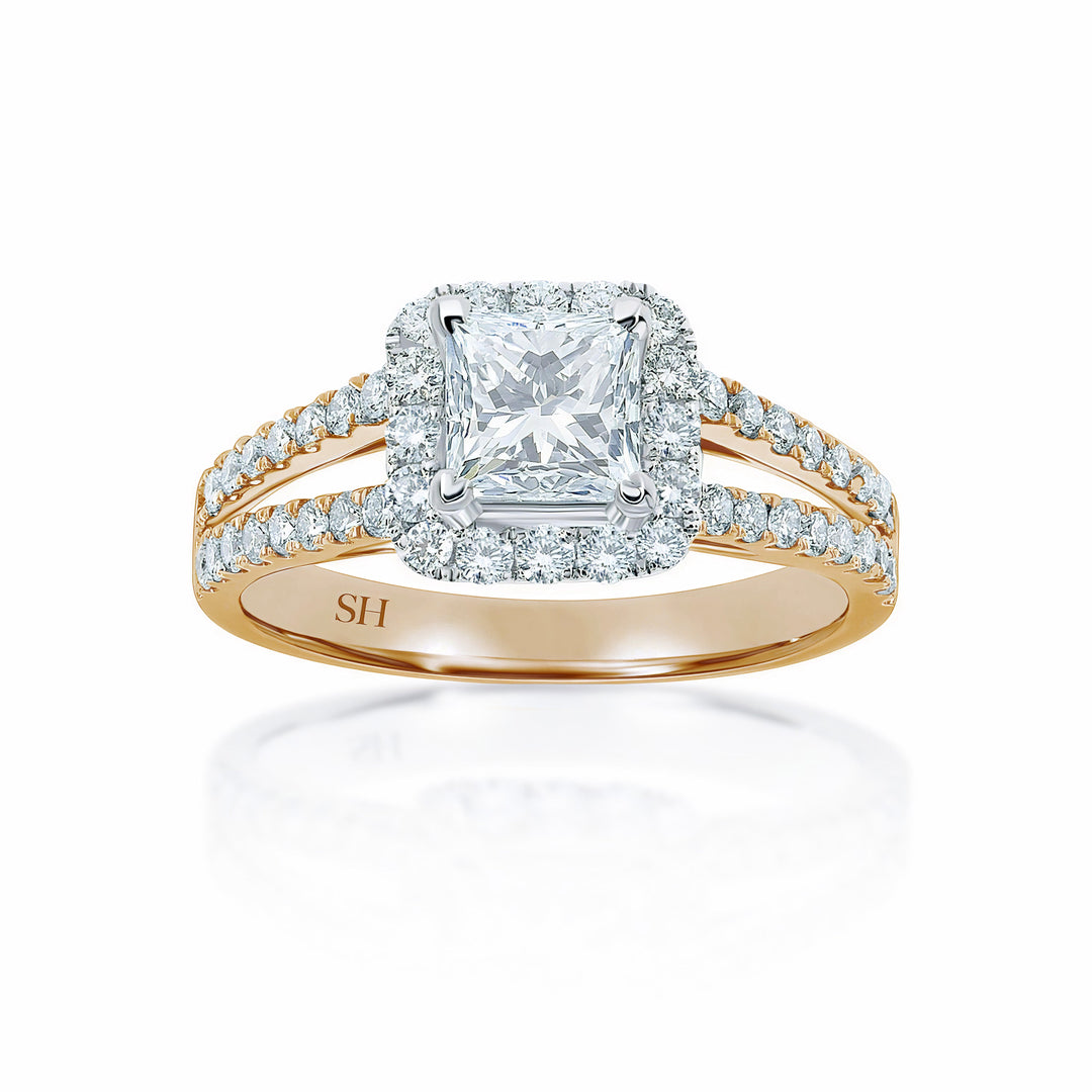 Princess Cut halo and twin pavé set diamond band - W0048 (Lab Grown)