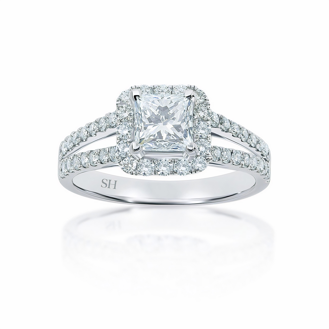 Princess Cut halo and twin pavé set diamond band - W0048 (Lab Grown)