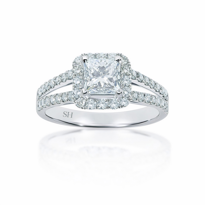 Princess Cut halo and twin pavé set diamond band - W0048 (Lab Grown)