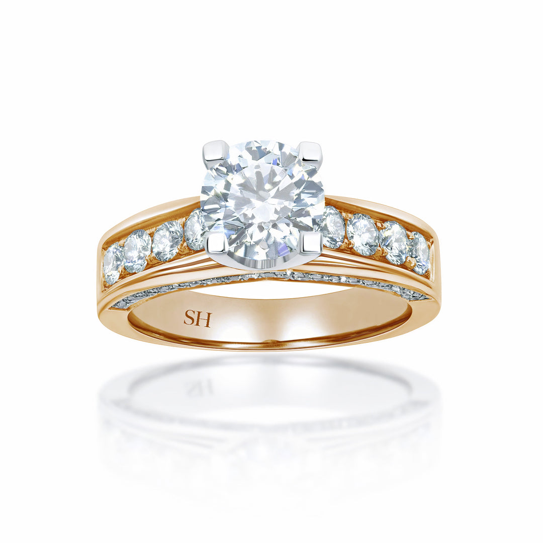 Modern 4-Claw engagement ring with grain set diamond band - W0051 (Lab Grown)