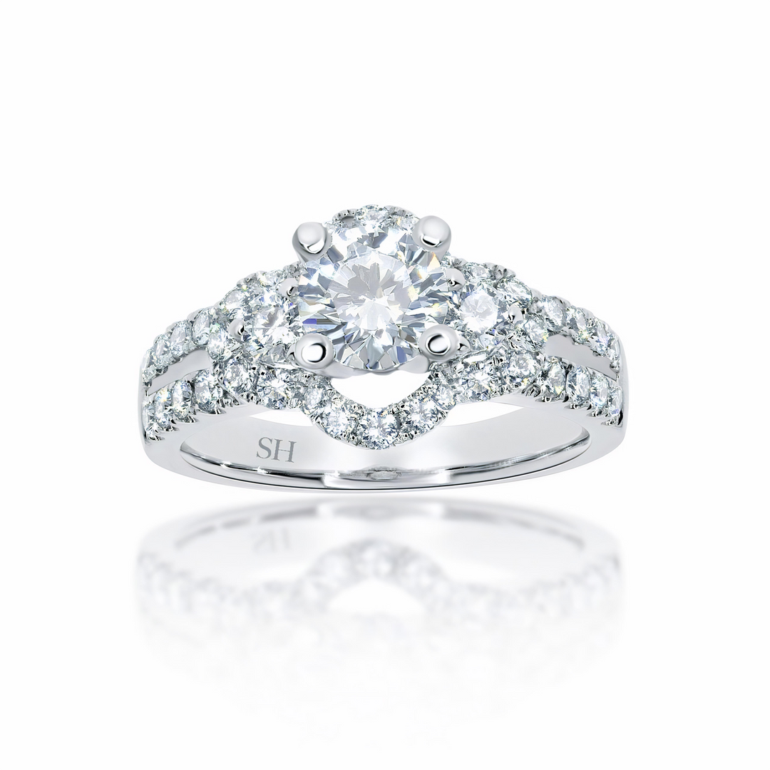 Modern 4-Claw engagement ring with semi halo twin Pavé set band - W0052 (Lab Grown)