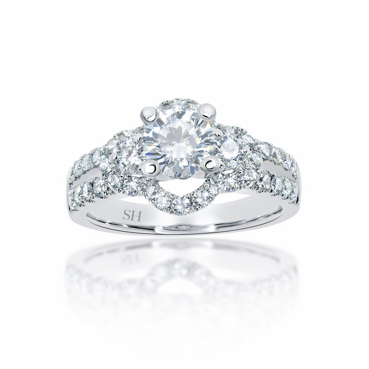 Modern 4-Claw engagement ring with semi halo twin Pavé set band - W0052 (Lab Grown)