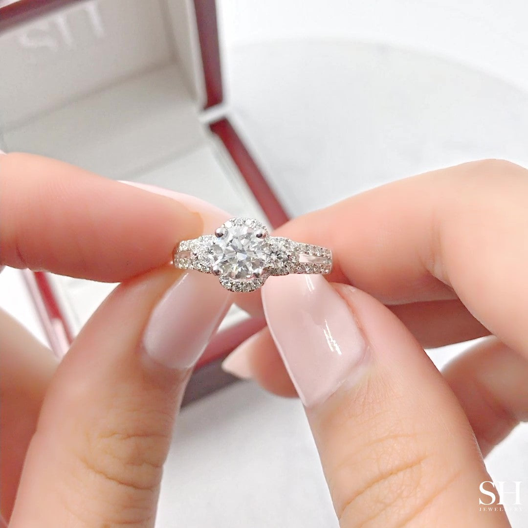 Modern 4-Claw engagement ring with semi halo twin Pavé set band - W0052 (Lab Grown)