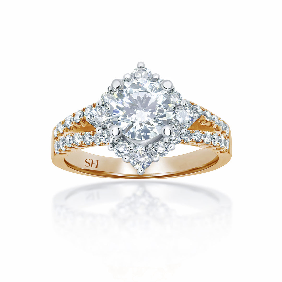 Unique Offset Halo with Twin Pavé Set Diamond Band - W0053 (Lab Grown)