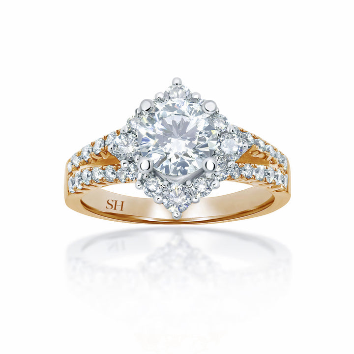 Unique Offset Halo with Twin Pavé Set Diamond Band - W0053 (Lab Grown)