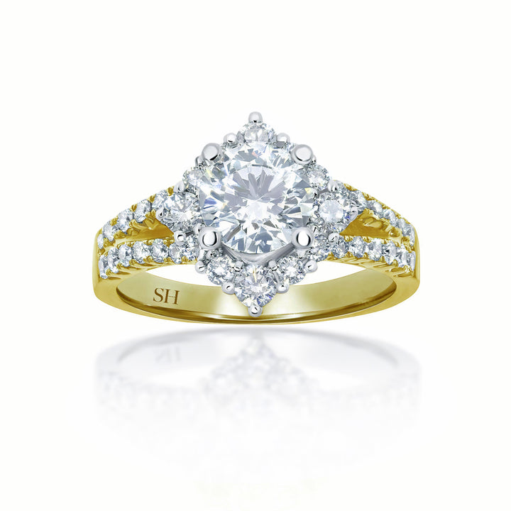 Unique Offset Halo with Twin Pavé Set Diamond Band - W0053 (Lab Grown)