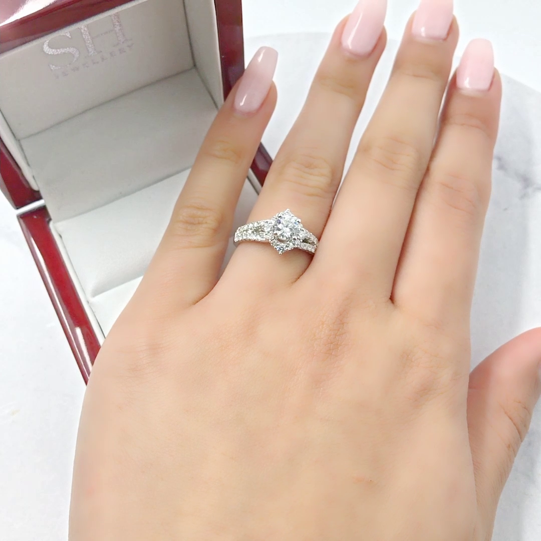 Unique Offset Halo with Twin Pavé Set Diamond Band - W0053 (Lab Grown)