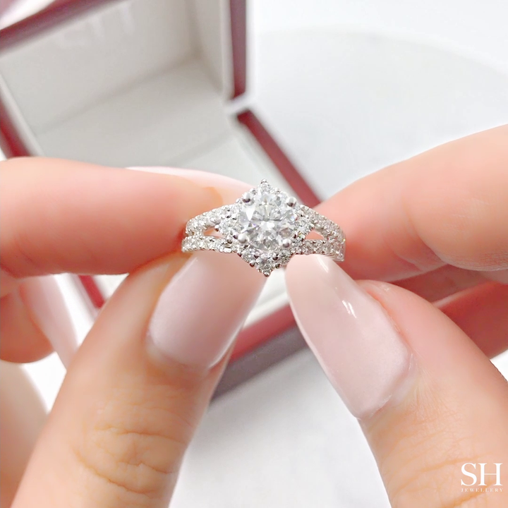 Unique Offset Halo with Twin Pavé Set Diamond Band - W0053 (Lab Grown)