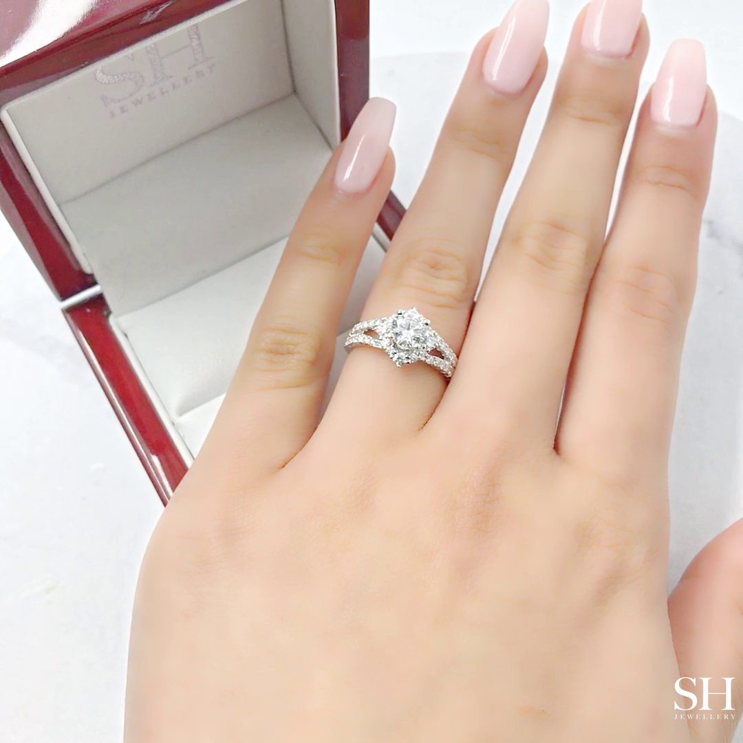 Unique Offset Halo with Twin Pavé Set Diamond Band - W0053 (Lab Grown)