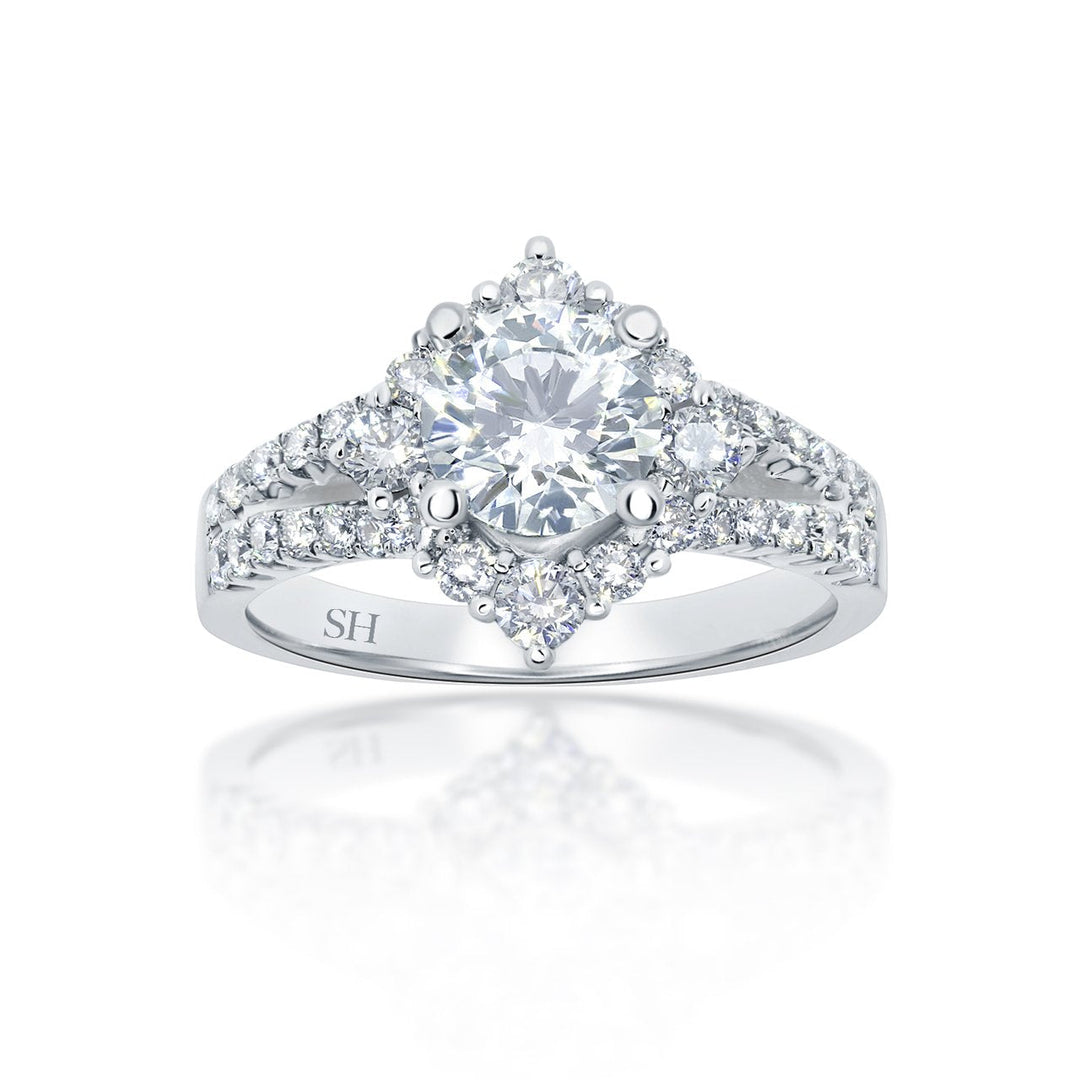Unique Offset Halo with Twin Pavé Set Diamond Band - W0053 (Lab Grown)