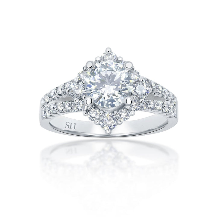 Unique Offset Halo with Twin Pavé Set Diamond Band - W0053 (Lab Grown)