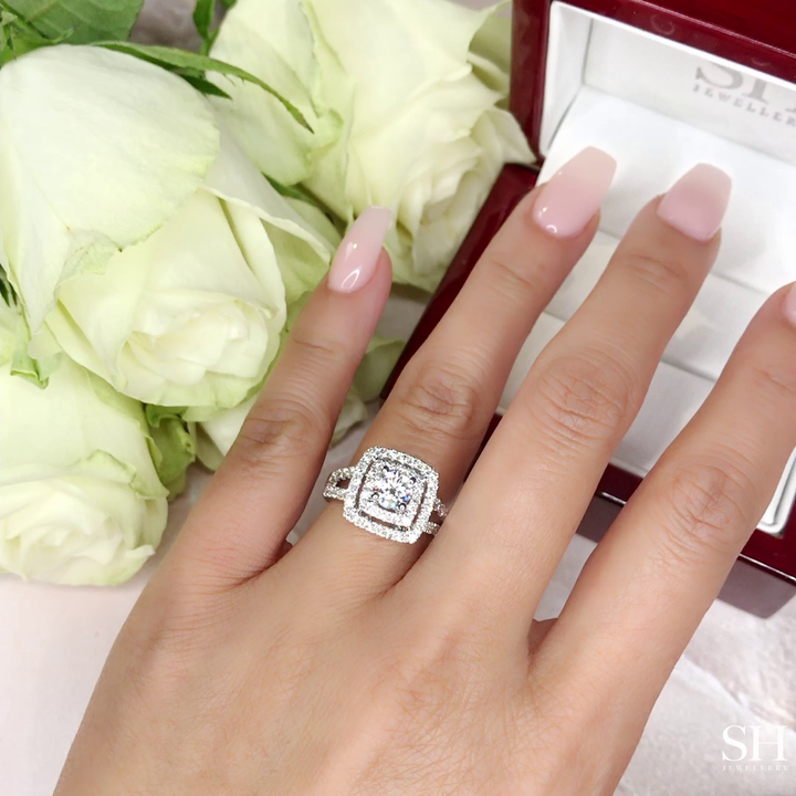 Double Halo with Twin Pavé-Set Diamond Band - W0054 (Lab Grown)