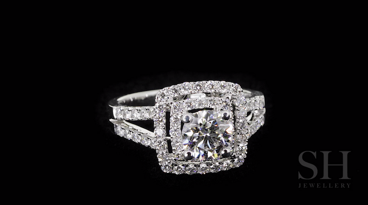Double Halo with Twin Pavé-Set Diamond Band - W0054 (Lab Grown)