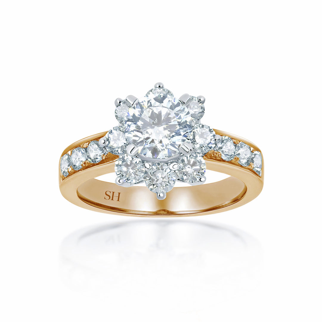 Unique floral halo with grain set diamond band - W0056 (Lab Grown)