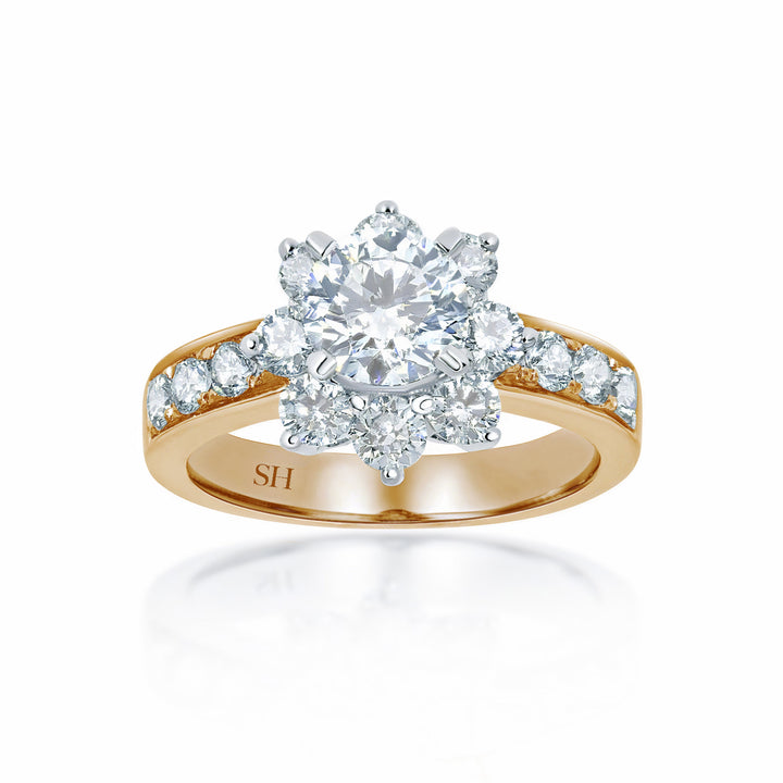 Unique floral halo with grain set diamond band - W0056 (Lab Grown)