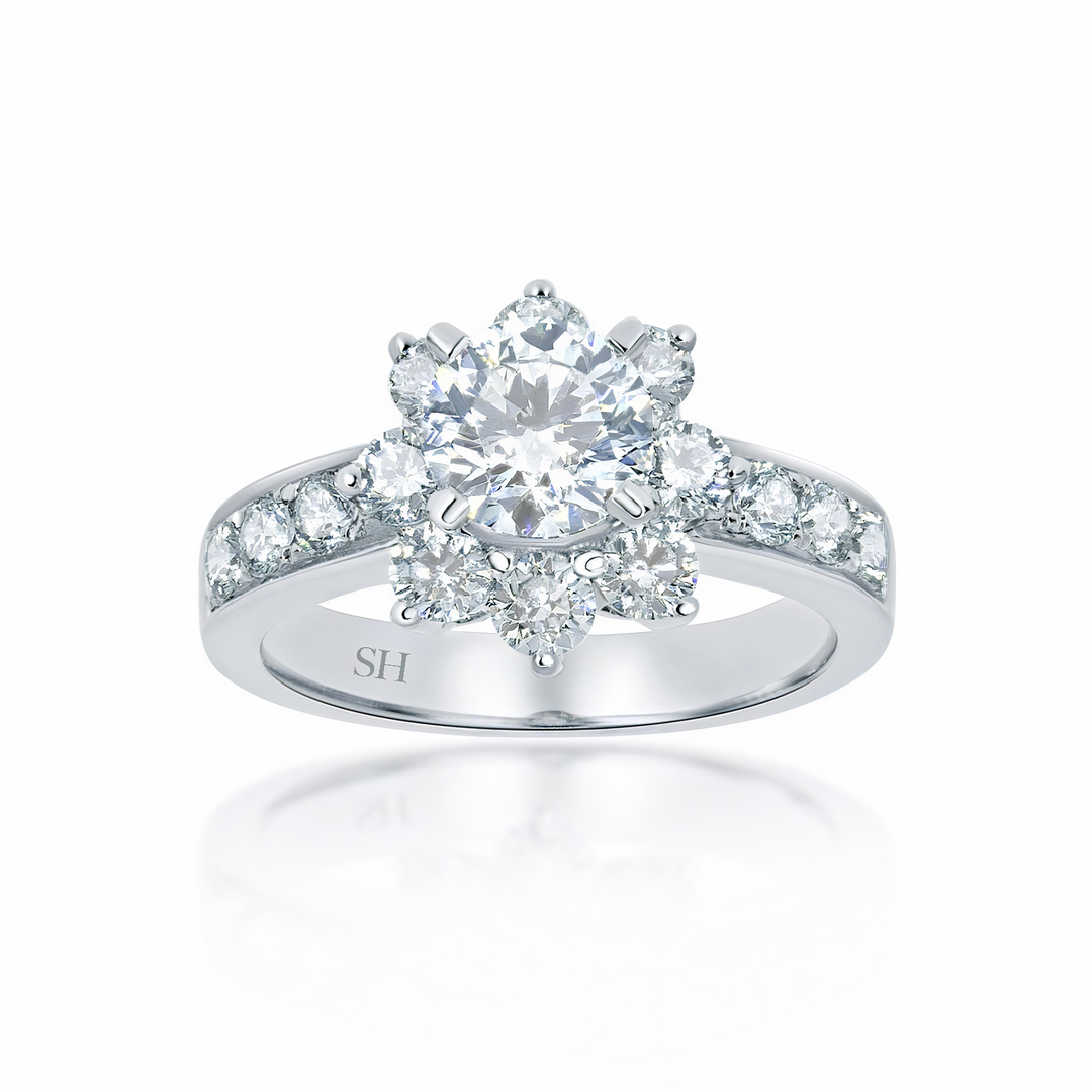 Unique floral halo with grain set diamond band - W0056 (Lab Grown)