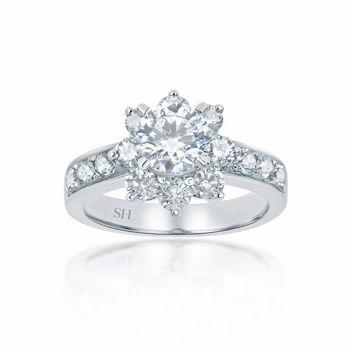 Unique floral halo with grain set diamond band - W0056 (Lab Grown)