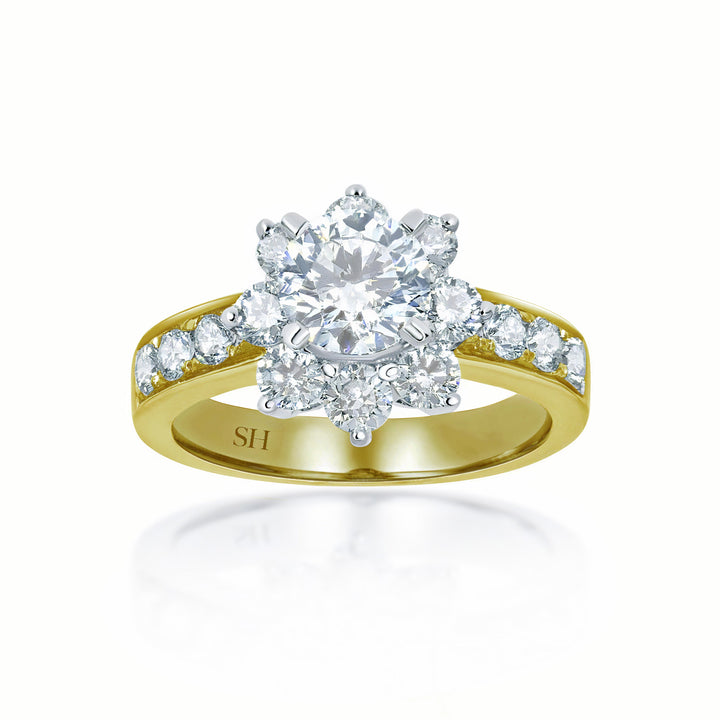 Unique floral halo with grain set diamond band - W0056 (Lab Grown)