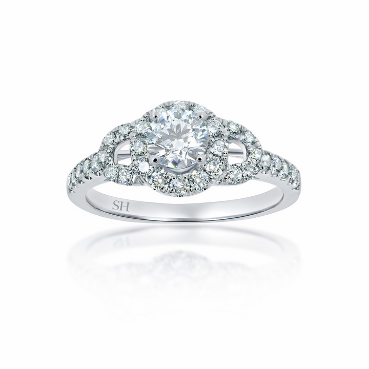 Halo style diamond plaque engagement ring with pavé set band - W0057 (Lab Grown)