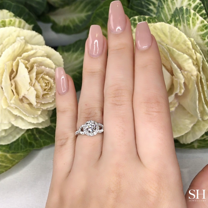 Halo style diamond plaque engagement ring with pavé set band - W0057 (Lab Grown)