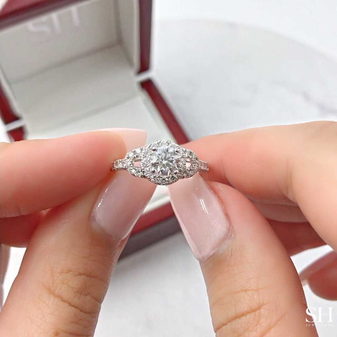 Halo style diamond plaque engagement ring with pavé set band - W0057 (Lab Grown)