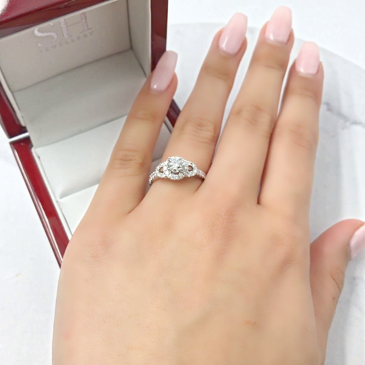 Halo style diamond plaque engagement ring with pavé set band - W0057 (Lab Grown)