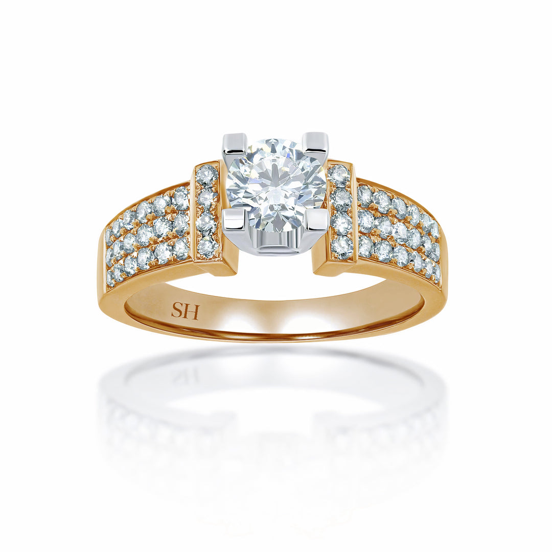 Modern 4-Claw engagement ring with tapered three row pavé set diamond band - W0058 (Lab Grown)