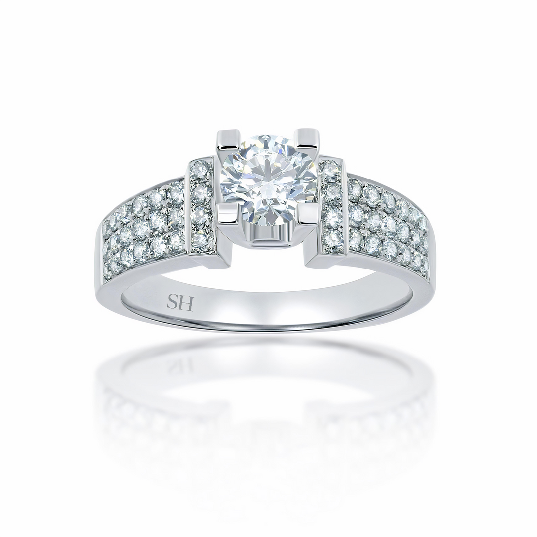 Modern 4-Claw engagement ring with tapered three row pavé set diamond band - W0058 (Lab Grown)
