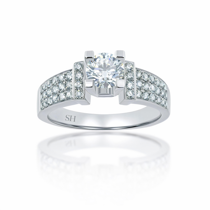 Modern 4-Claw engagement ring with tapered three row pavé set diamond band - W0058 (Lab Grown)