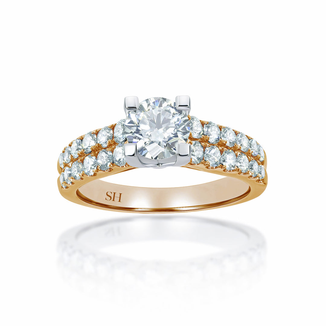 4-Claw engagement ring with tapered two row pavé set band - W0059 (Lab Grown)