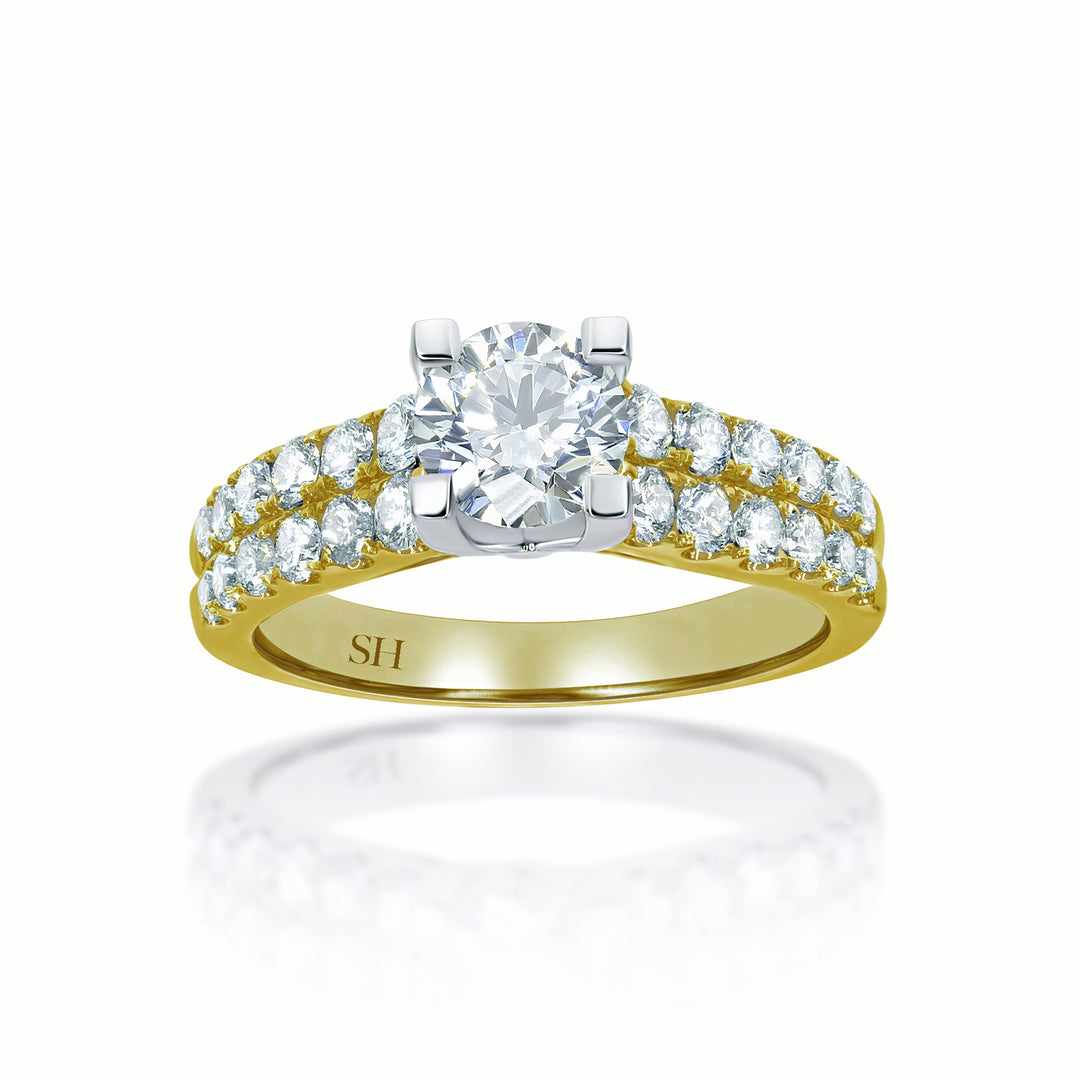 4-Claw engagement ring with tapered two row pavé set band - W0059 (Lab Grown)