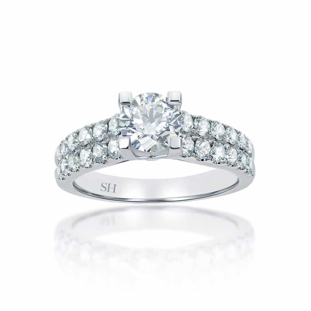 4-Claw engagement ring with tapered two row pavé set band - W0059 (Lab Grown)