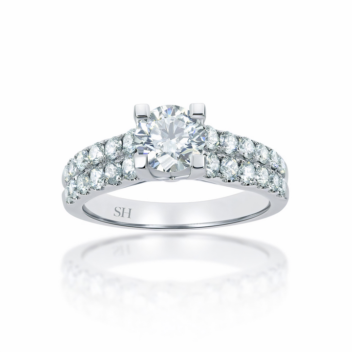 4-Claw engagement ring with tapered two row pavé set band - W0059 (Lab Grown)