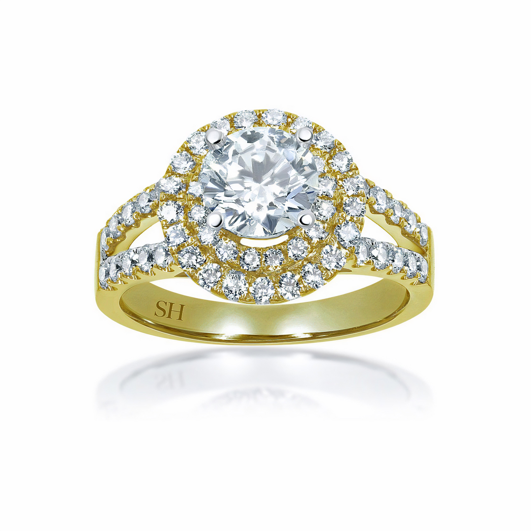 Double Halo Style Diamond Engagement Ring with Twin Pavé-Set Band - W0060 (Lab Grown)
