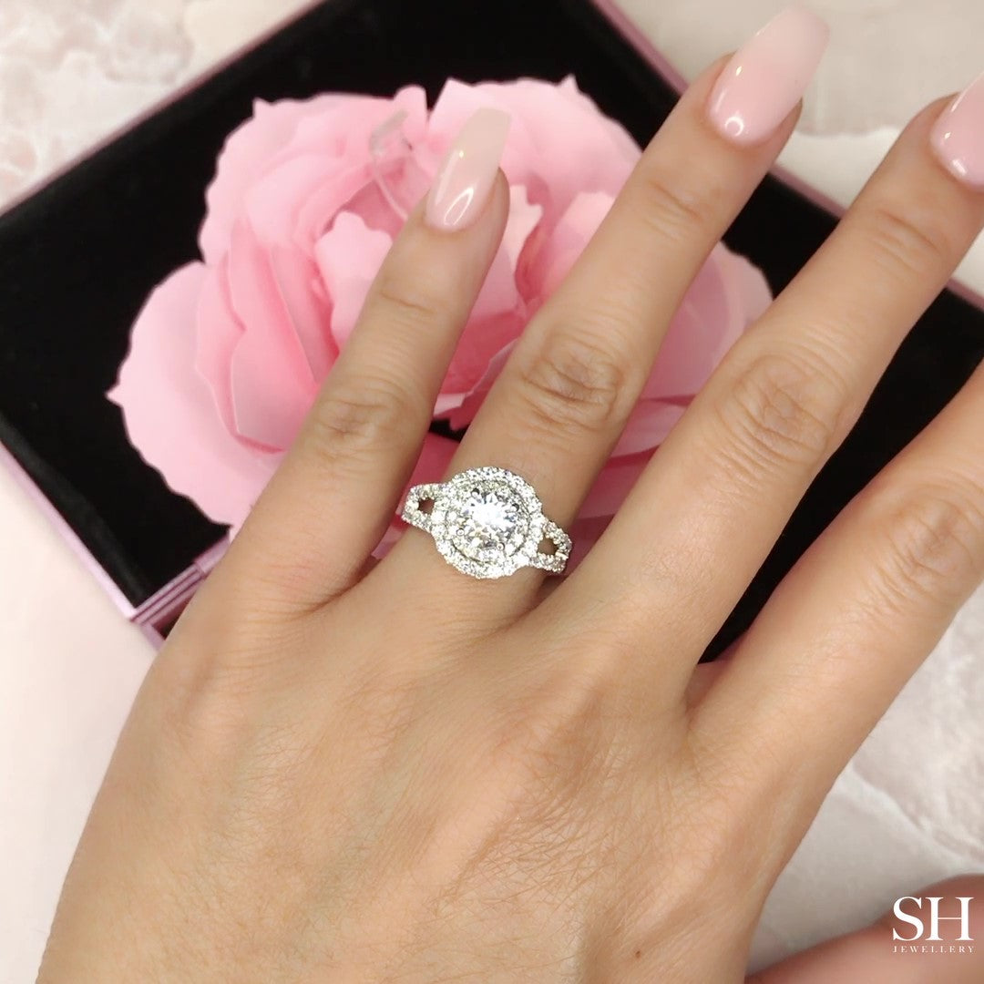 Double Halo Style Diamond Engagement Ring with Twin Pavé-Set Band - W0060 (Lab Grown)