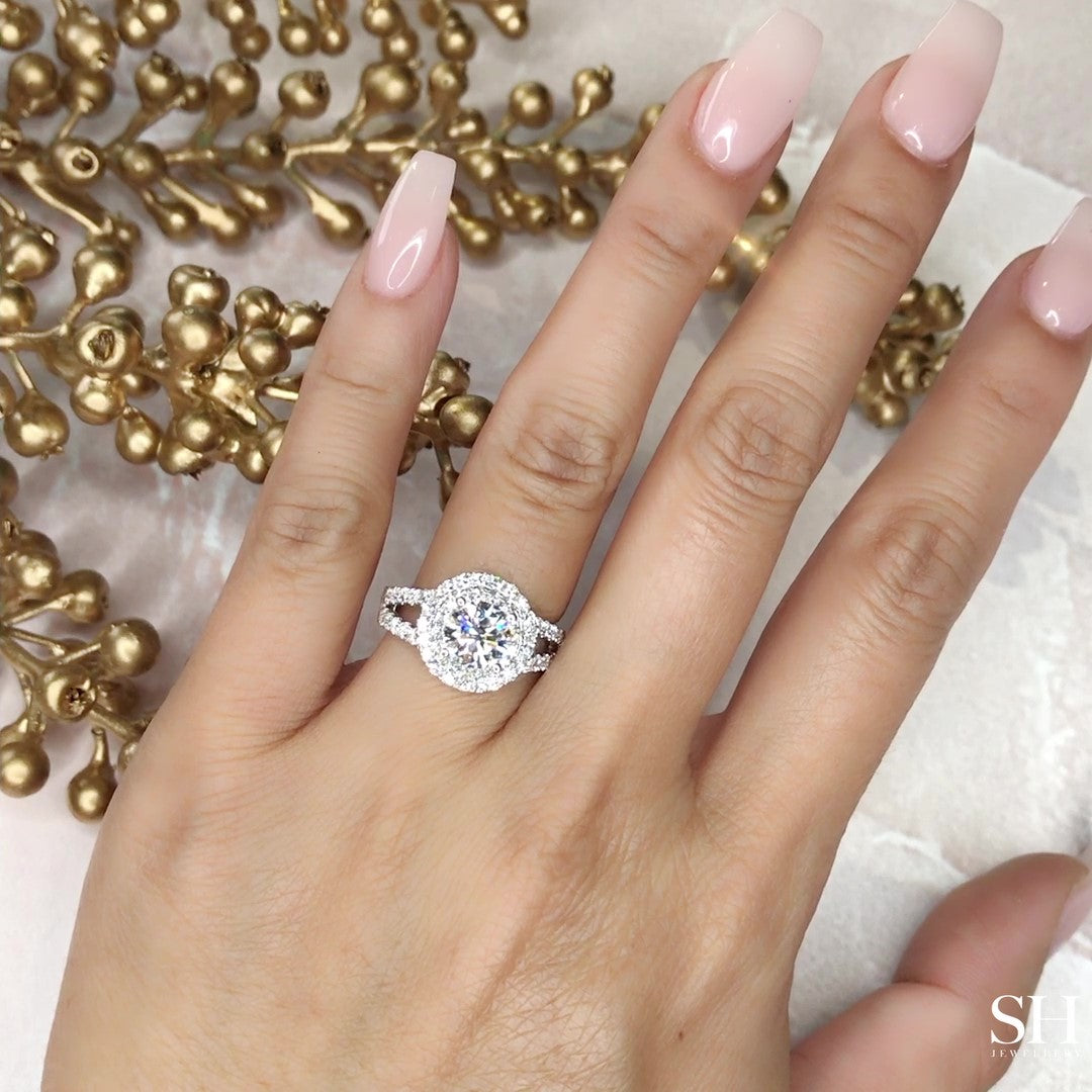 Double Halo Style Diamond Engagement Ring with Twin Pavé-Set Band - W0060 (Lab Grown)