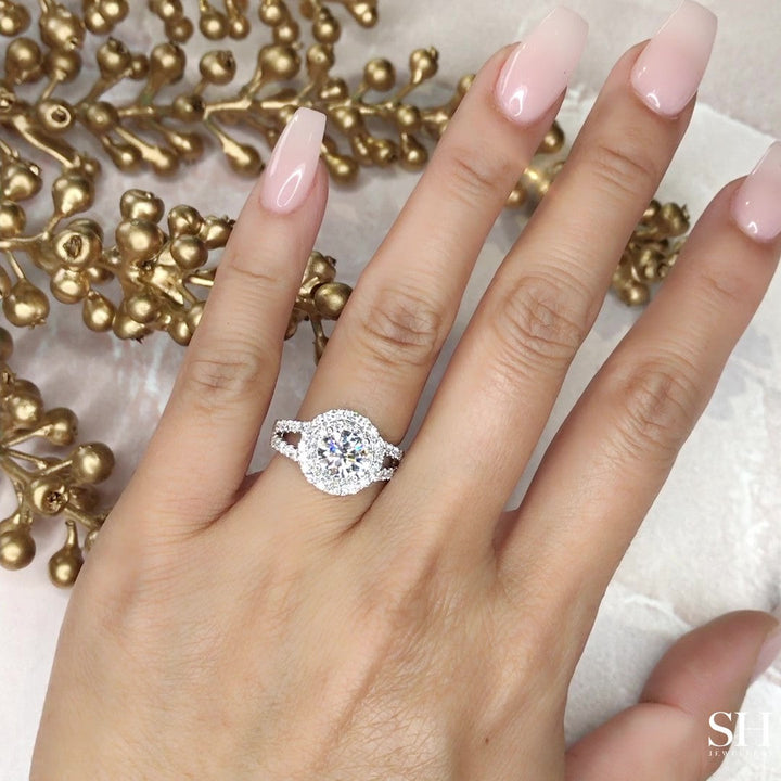 Double Halo Style Diamond Engagement Ring with Twin Pavé-Set Band - W0060 (Lab Grown)