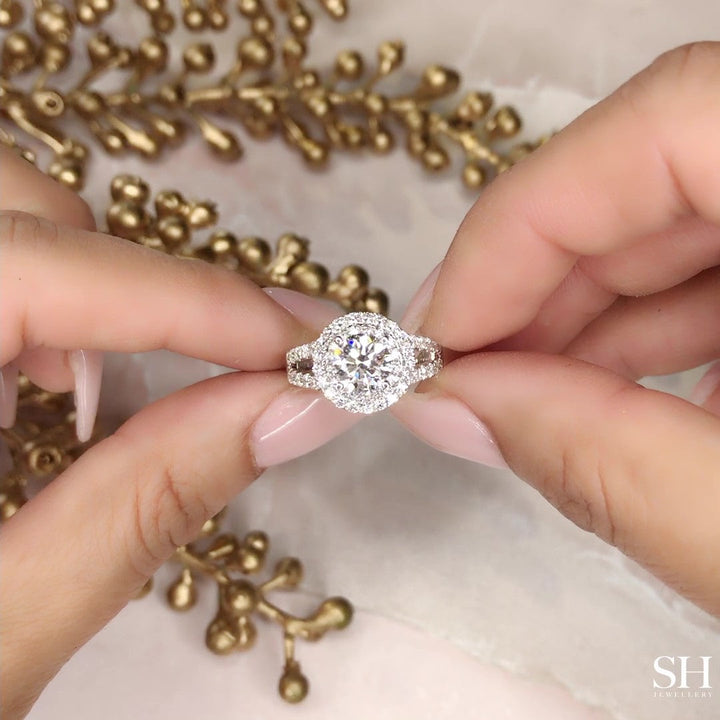 Double Halo Style Diamond Engagement Ring with Twin Pavé-Set Band - W0060 (Lab Grown)