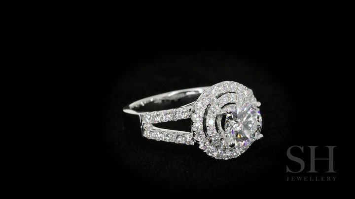 Double Halo Style Diamond Engagement Ring with Twin Pavé-Set Band - W0060 (Lab Grown)